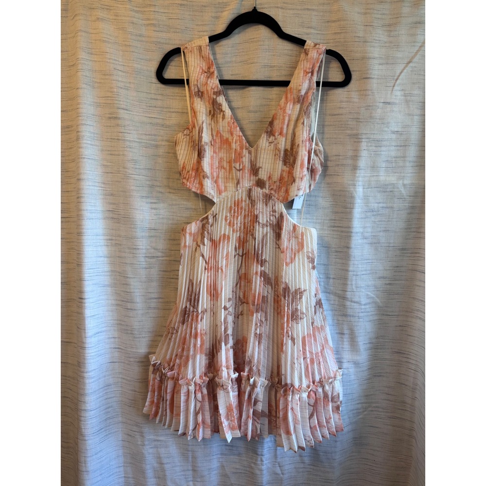 Express Floral Pleated Cut-Out Mini Dress Peach Orange Gold Metallic NWT M